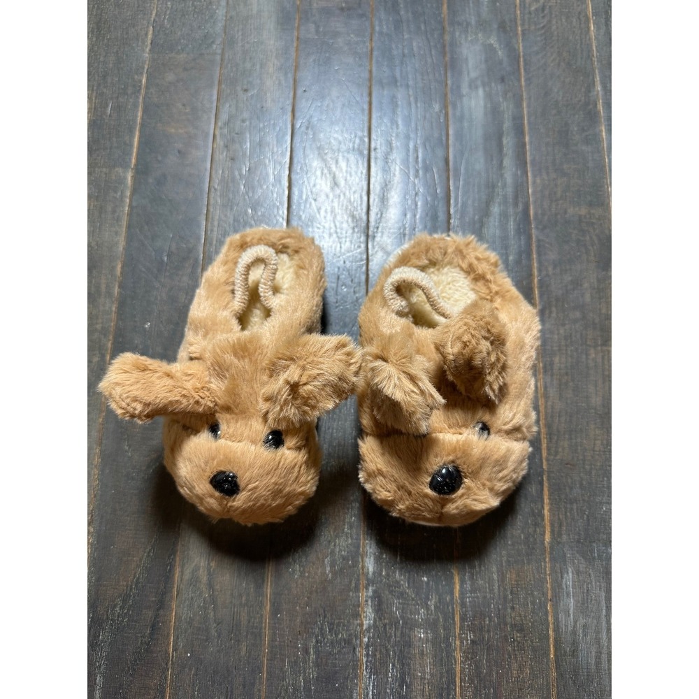 Kids Puppy Dog Plush‎ Slippers Tan Brown Faux Fur Elastic Strap Toddler